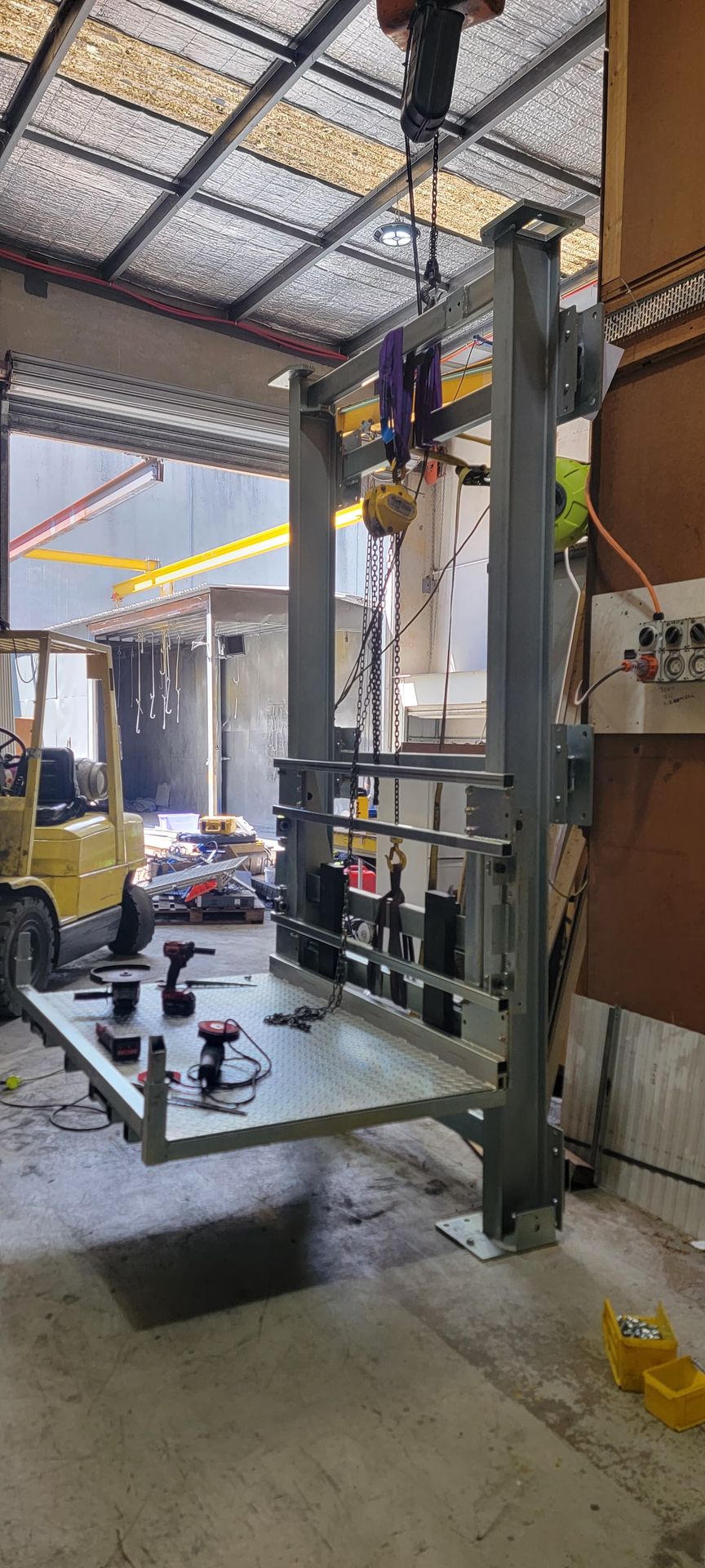 The bin hoist platform being trial-assembled at the TLS Hallam workshop